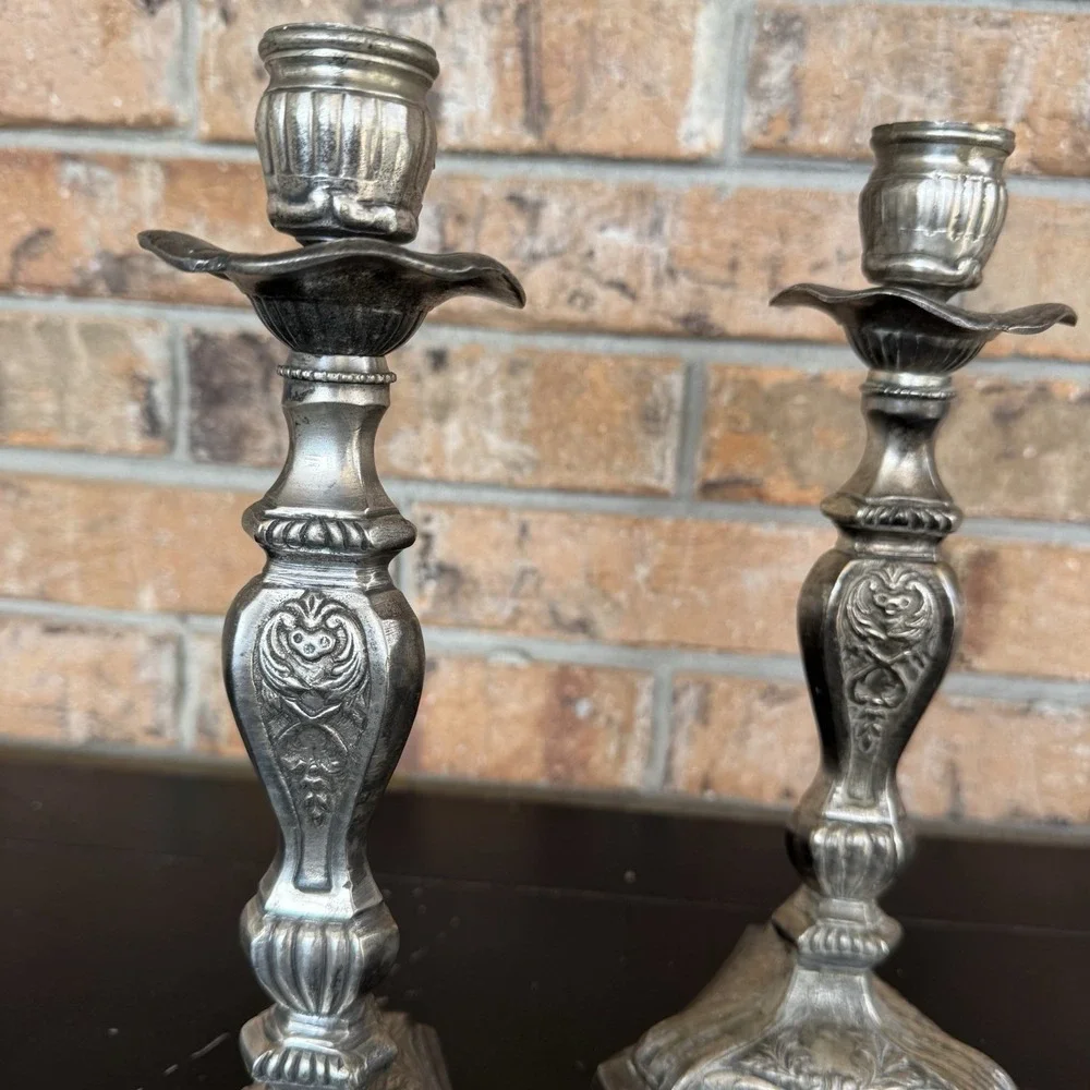 Vintage Ornate Metal Candlestick Holders Pair 9.5